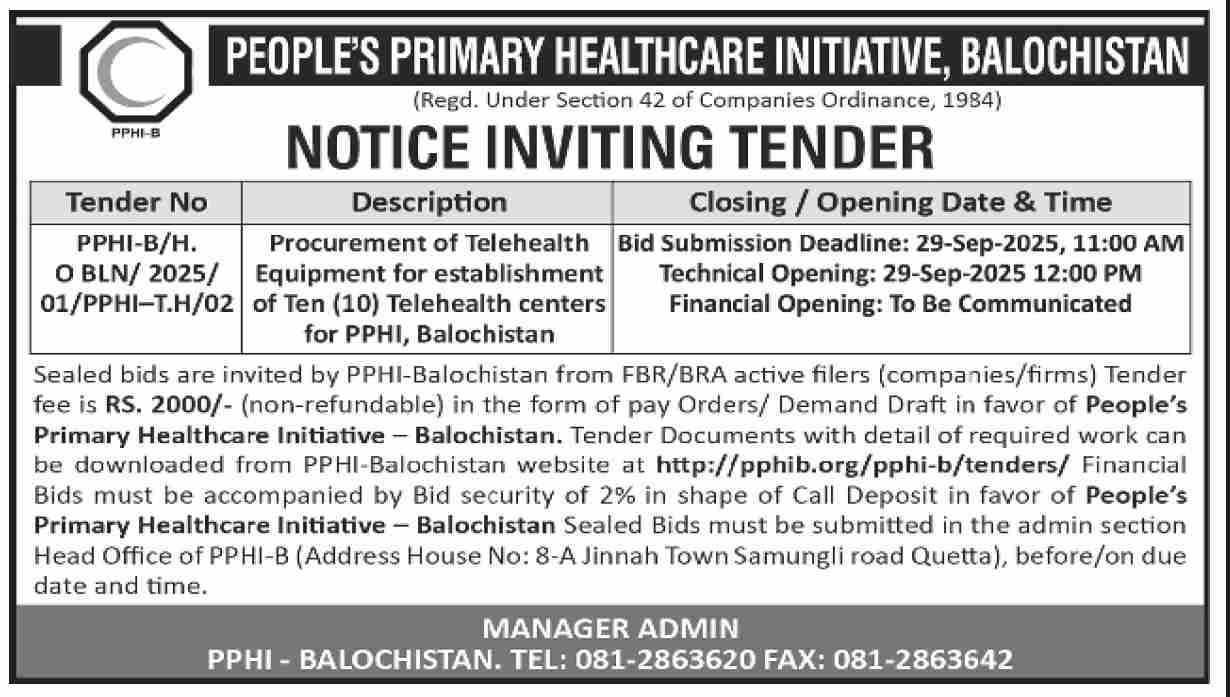 Peoples Primary Healthcare Initiative Balochistan Tender Notice